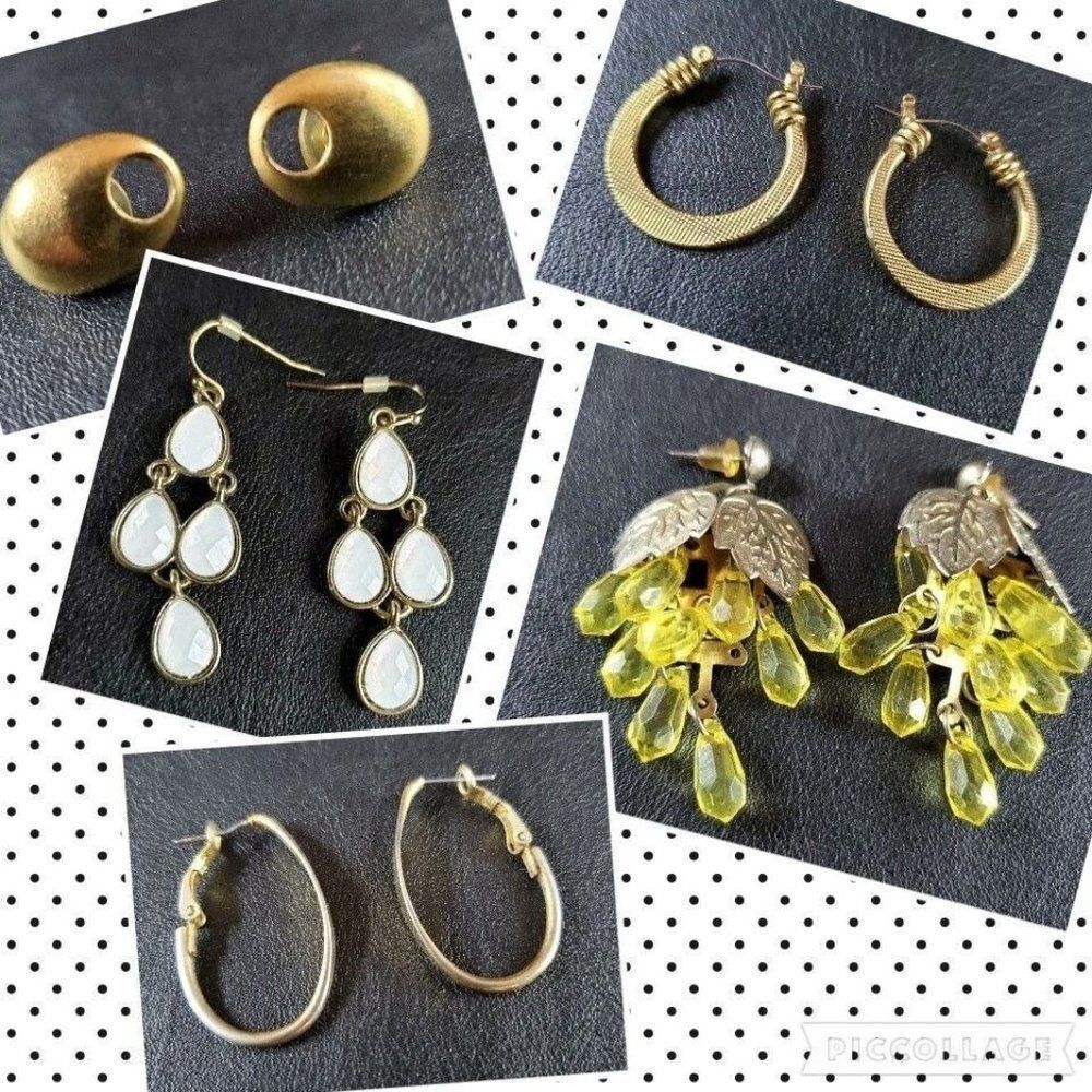 Vintage Gold Tone Statement Earrings Lot- Hoops Chandelier Pearl Drop 5 Pair